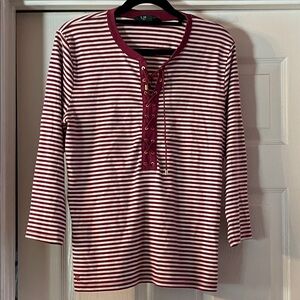 Ralph Lauren Burgundy and White Striped Lace-Up Long Sleeve Tee